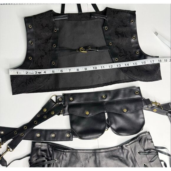 Black Faux Leather Lace Festival Costume Set Corset Skirt Utility Belt Size M - Picture 7 of 10